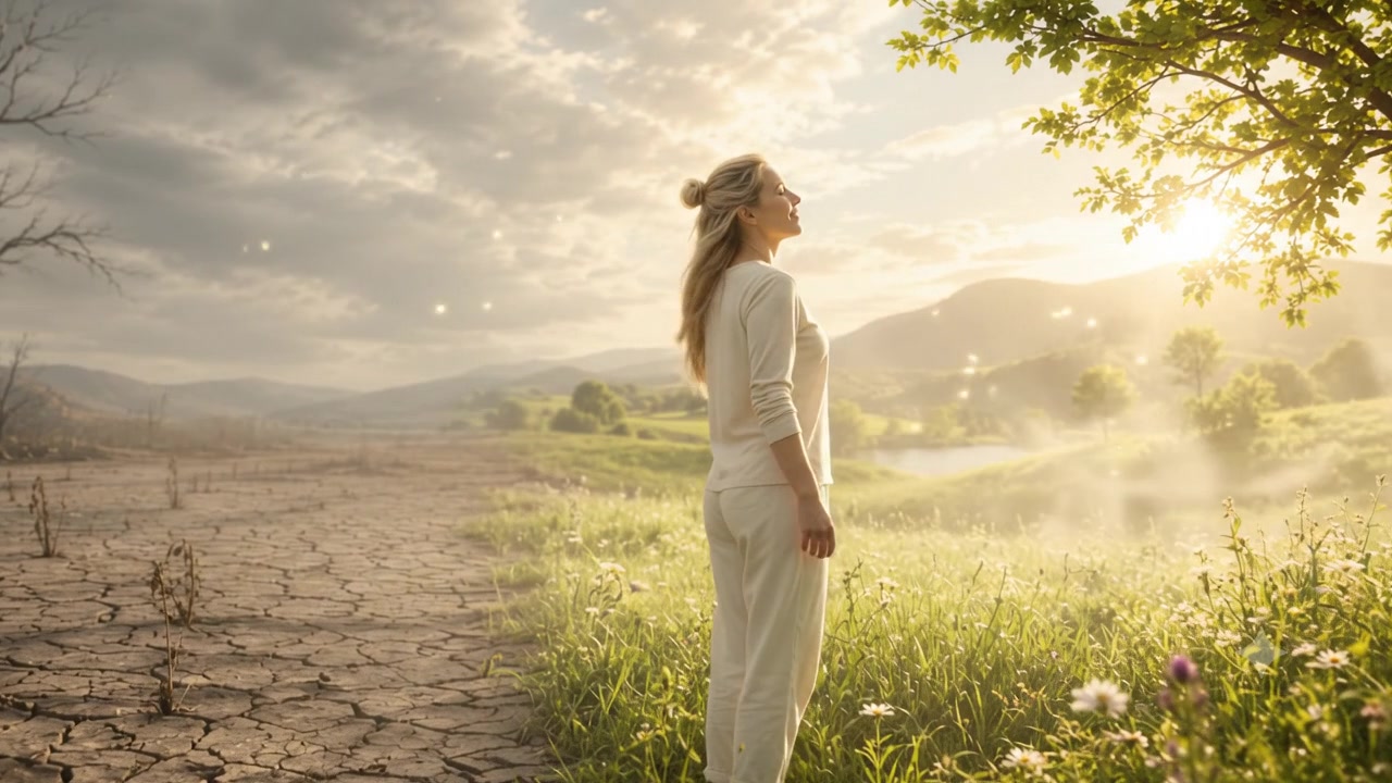 A woman moving from a dry landscape towards a flourishing green landscape